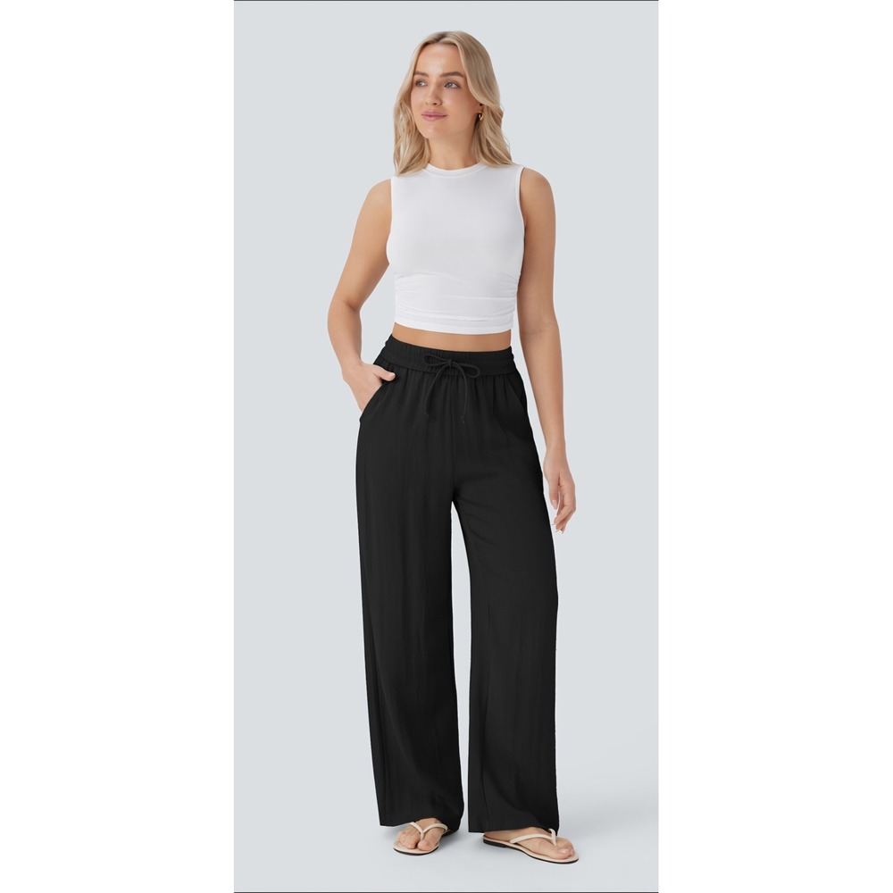 Halara High Waisted Drawstring Pocket Wide Leg Casual Linen- Small Tall - Picture 5 of 7